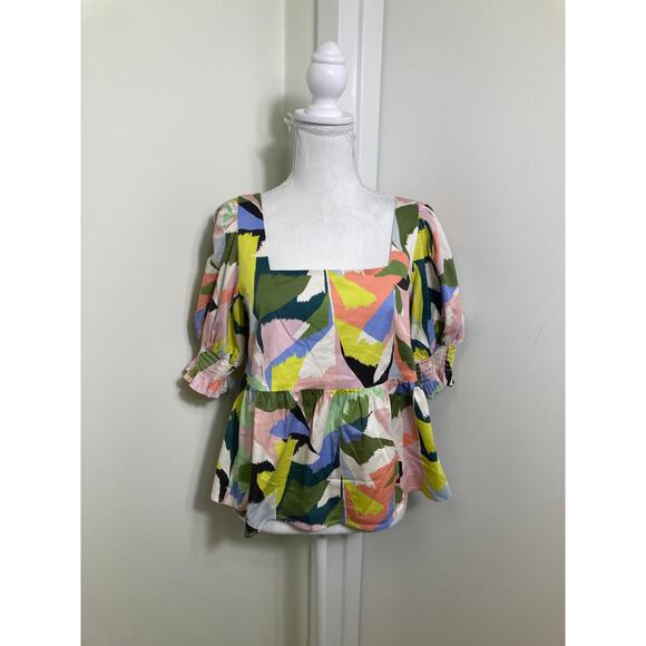 Crosby Pink/Green/Blue Brush Stroke Peplum Top Sz L - Picture 1 of 3
